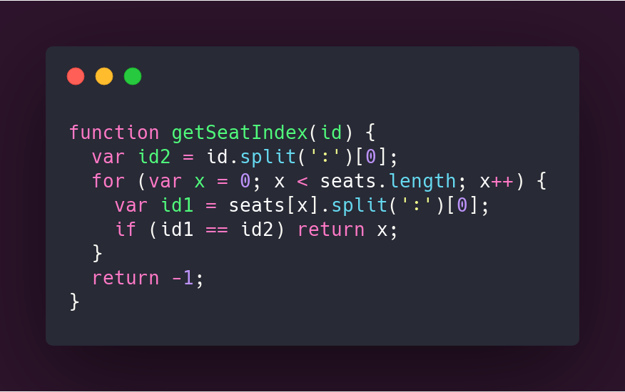 Código de la función getSeatIndex